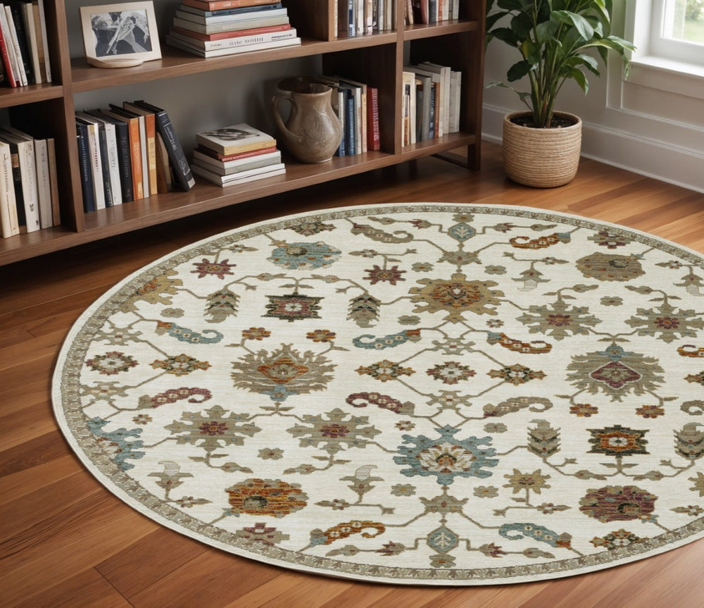 HomeRoots 8' Timeless Ivory Gray and Light Blue Oriental Round Rug for Elegant Home Décor and Durability 7'10" Round 576117
