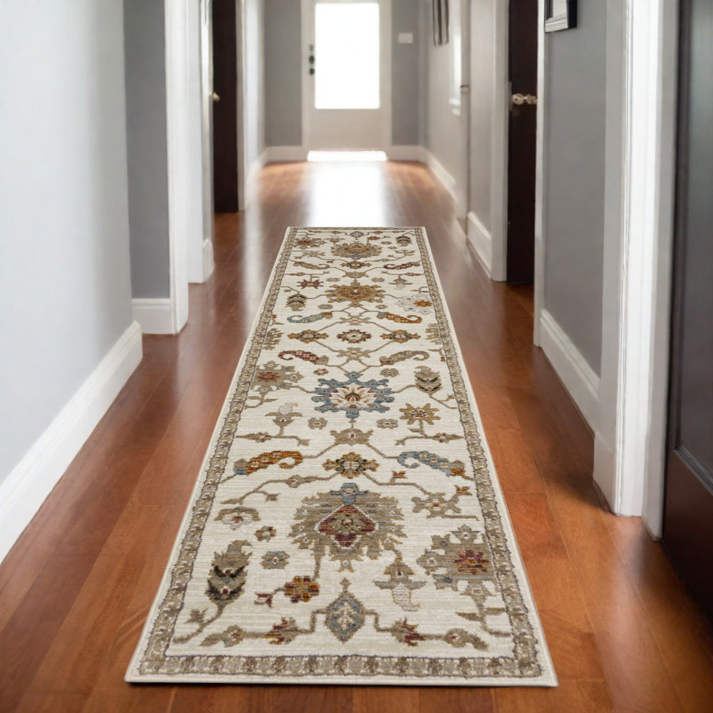 Homeroots 2' Ivory Oriental Area Rug - Stylish Power Loom Design, Stain Resistant, Perfect For Any Decor 8' Runner Polypropylene 576118