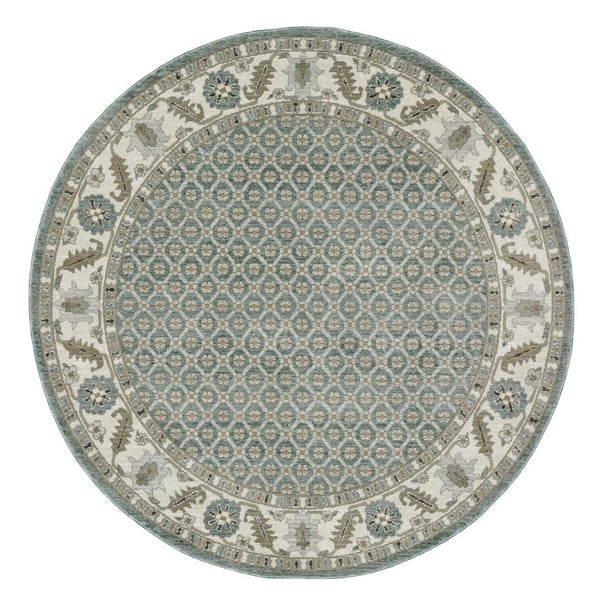 HomeRoots 3' Timeless Blue and Ivory Oriental Area Rug - Durable, Stain-Resistant Design for Home Elegance 7'10" Round 576119