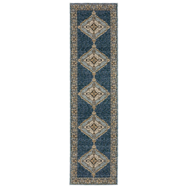 HomeRoots 3' Blue and Gold Medallion Area Rug - Timeless and Durable Accent for Stylish Homes with Pets 8' Runner 576121