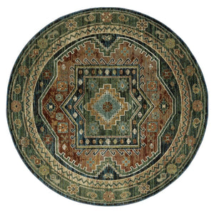 HomeRoots 8' Tribal Round Rug – Vibrant Geometric Design with Rust and Orange Accents for Modern Spaces Blue/ Multi 576123