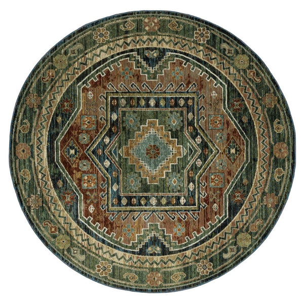 HomeRoots 8' Tribal Round Rug – Vibrant Geometric Design with Rust and Orange Accents for Modern Spaces Blue/ Multi 576123