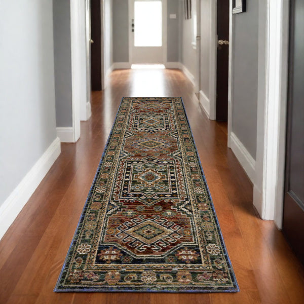 Homeroots 2' Stunning Blue Tribal Area Rug - Stain Resistant, Perfect For Kids And Pets, Adds Warmth To Any Space 8' Runner Polypropylene 576124