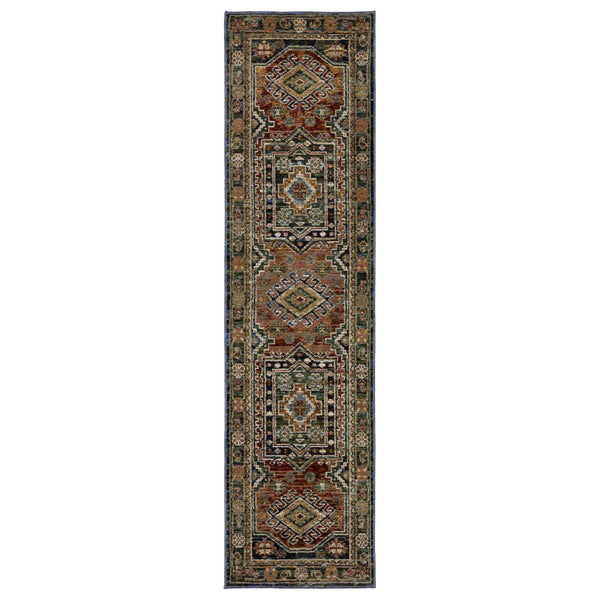 HomeRoots 3'' Blue Rust and Tan Tribal Area Rug - Bohemian Style, Stain-Resistant, Durable for High-Traffic Areas 8' Runner 576124