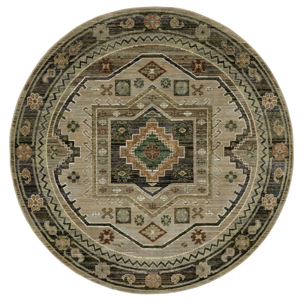 HomeRoots 8' Tribal Round Rug – Vibrant Geometric Design with Rust and Orange Accents for Modern Spaces Grey/ Green 576125