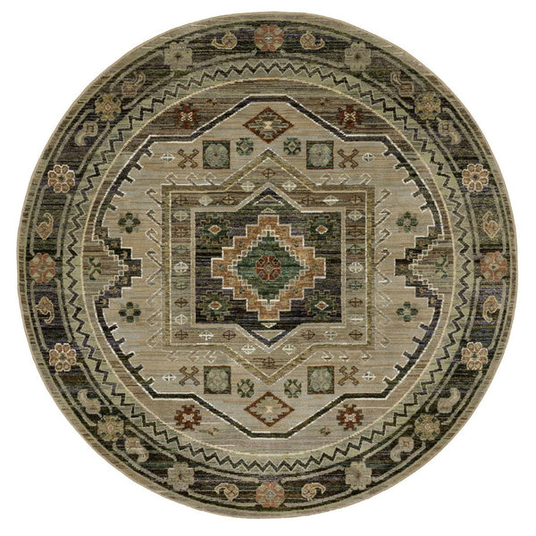 HomeRoots 8' Tribal Round Rug – Vibrant Geometric Design with Rust and Orange Accents for Modern Spaces Grey/ Green 576125