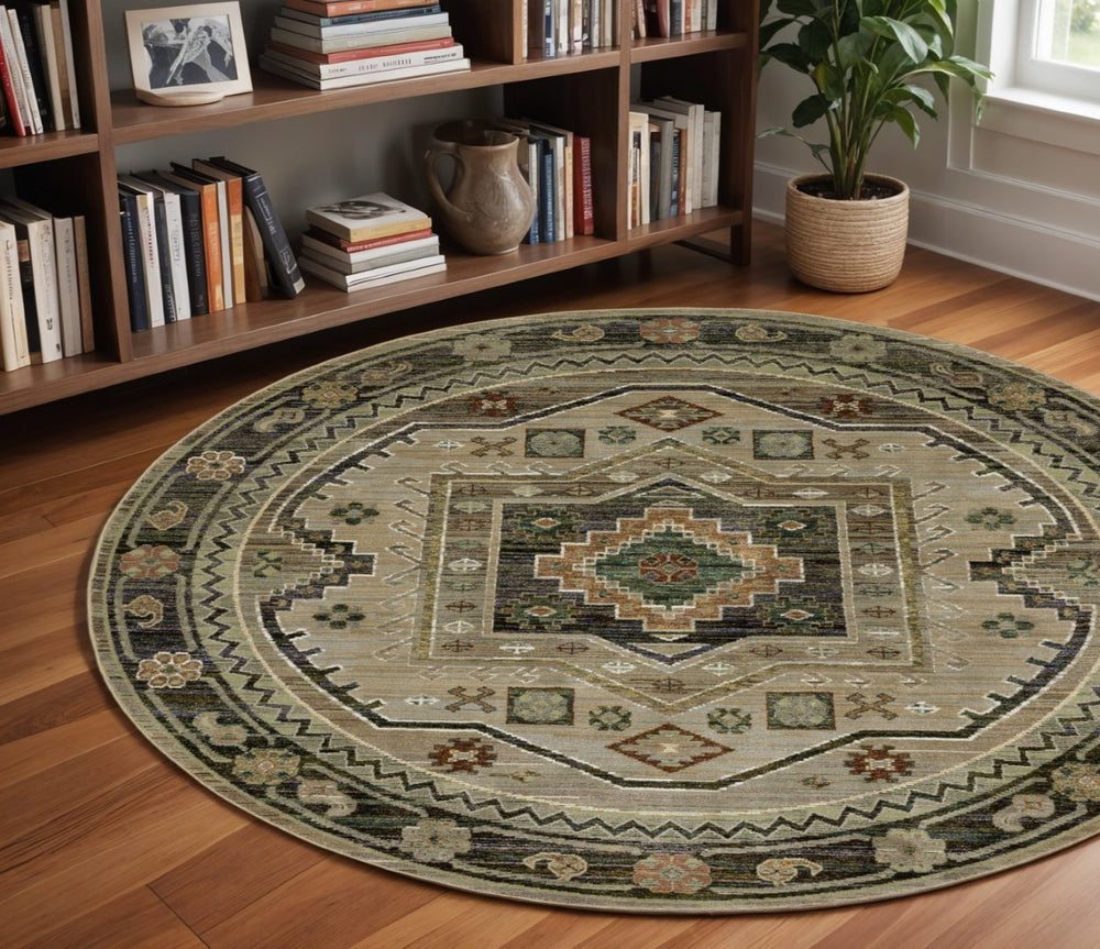 HomeRoots 8' Tribal Round Rug – Vibrant Geometric Design with Rust and Orange Accents for Modern Spaces Grey/ Green 576125