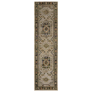 HomeRoots 3' Gray and Green Tribal Area Rug - Stylish Bohemian Design, Durable, Easy-Clean for High-Traffic Spaces 8' Runner 576126