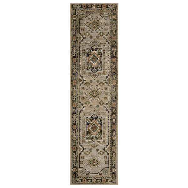 HomeRoots 3' Gray and Green Tribal Area Rug - Stylish Bohemian Design, Durable, Easy-Clean for High-Traffic Spaces 8' Runner 576126