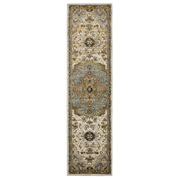 Homeroots 2' Elegant Ivory And Blue Oriental Area Rug - Stain Resistant, Perfect For Homes With Kids & Pets 8' Runner Polypropylene 576129