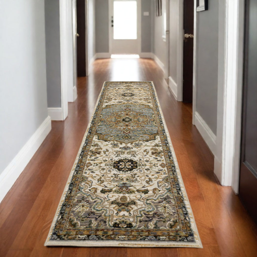 Homeroots 2' Elegant Ivory And Blue Oriental Area Rug - Stain Resistant, Perfect For Homes With Kids & Pets 8' Runner Polypropylene 576129