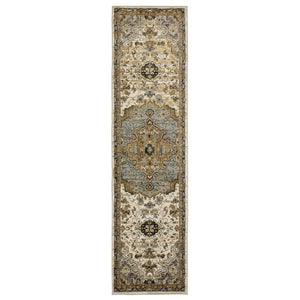 HomeRoots 3' Elegant Ivory and Blue Oriental Area Rug - Durable, Stain-Resistant Accent for Any Space 8' Runner 576129