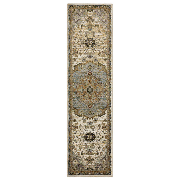 HomeRoots 3' Elegant Ivory and Blue Oriental Area Rug - Durable, Stain-Resistant Accent for Any Space 8' Runner 576129
