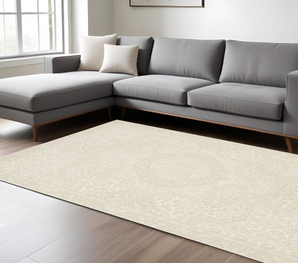 Homeroots 3' Ivory Medallion Area Rug - Stain Resistant, Stylish Design For Home Decor And Cozy Spaces 8' X 11' Polypropylene,Polyester 576138