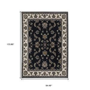 Homeroots 4' Elegant Navy Blue Oriental Area Rug With Fringe - Stain Resistant, Perfect For Kids & Pets 8' X 11' Polyester 576145