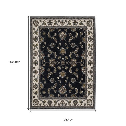 Homeroots 4' Elegant Navy Blue Oriental Area Rug With Fringe - Stain Resistant, Perfect For Kids & Pets 8' X 11' Polyester 576145