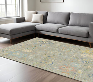 Homeroots 2' Hand Knotted Gray Blue And Yellow Wool Oriental Area Rug With Stylish Fringe For Home Decor 8' X 10' Wool 576160