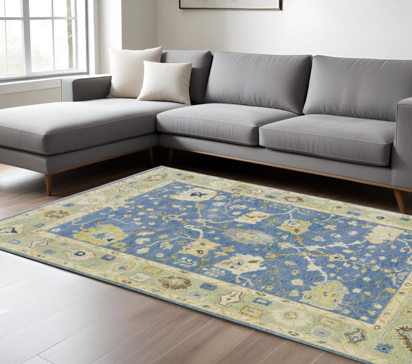 Homeroots 2' Hand Knotted Blue Wool Oriental Area Rug With Fringe - Unique Artisan Design For Cozy Elegance 8' X 10' Wool 576162