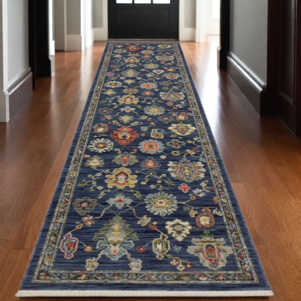 HomeRoots 6' Elegant Blue, Yellow & Ivory Oriental Runner Rug with Fringe for Hallways and Entryways 12' Runner 576168