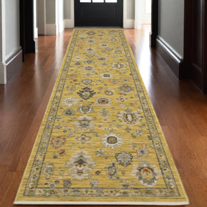 Homeroots 2' Yellow Oriental Area Rug With Fringe - Timeless Design For Cozy Home Decor And Warmth 12' Runner Wool Blend 576170