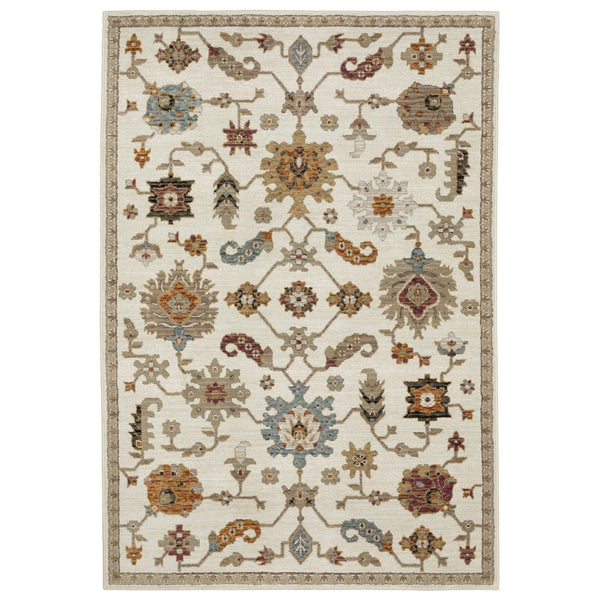 HomeRoots 3' Classic Ivory Gray and Orange Oriental Area Rug - Durable, Stain-Resistant for High Traffic Areas 5' X 7' 576177