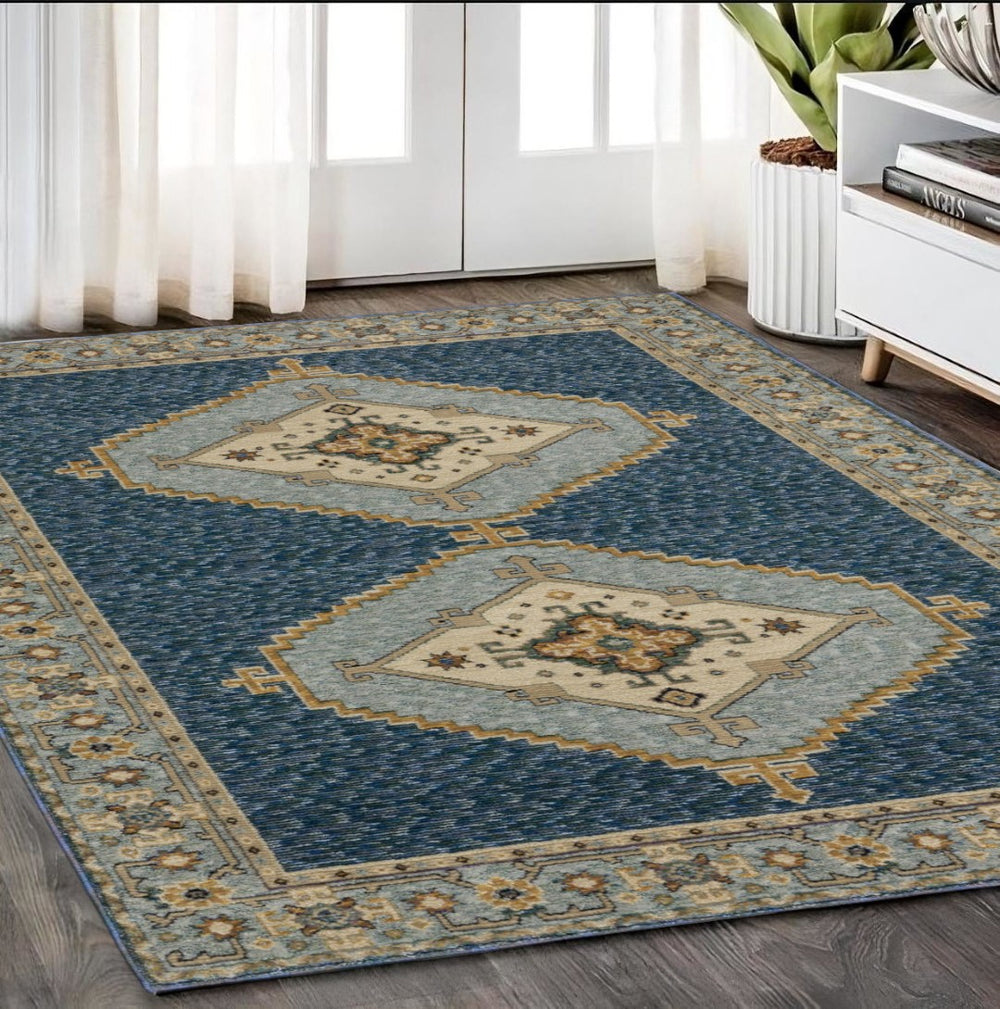 HomeRoots 3' Blue and Gold Medallion Area Rug - Timeless and Durable Accent for Stylish Homes with Pets 5' X 7' 576179