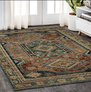 Homeroots 2' Stunning Blue Tribal Area Rug - Stain Resistant, Perfect For Kids And Pets, Adds Warmth To Any Space 5' X 7' Polypropylene 576182