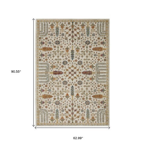 Homeroots 2' Inviting Ivory And Gold Oriental Area Rug - Stain Resistant, Stylish Design For Any Space 5' X 7' Polypropylene 576183