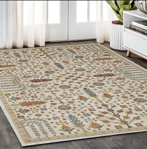 Homeroots 2' Inviting Ivory And Gold Oriental Area Rug - Stain Resistant, Stylish Design For Any Space 5' X 7' Polypropylene 576183