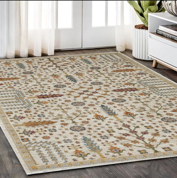 Homeroots 2' Inviting Ivory And Gold Oriental Area Rug - Stain Resistant, Stylish Design For Any Space 5' X 7' Polypropylene 576183