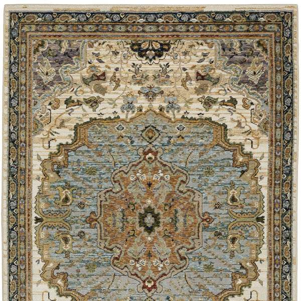 Homeroots 2' Elegant Ivory And Blue Oriental Area Rug - Stain Resistant, Perfect For Homes With Kids & Pets 5' X 7' Polypropylene 576184
