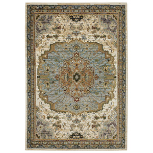 Homeroots 2' Elegant Ivory And Blue Oriental Area Rug - Stain Resistant, Perfect For Homes With Kids & Pets 5' X 7' Polypropylene 576184