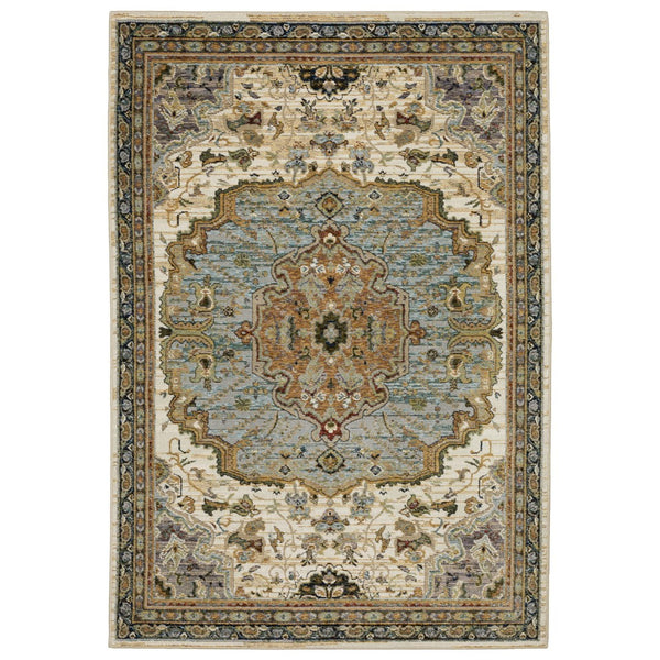 Homeroots 2' Elegant Ivory And Blue Oriental Area Rug - Stain Resistant, Perfect For Homes With Kids & Pets 5' X 7' Polypropylene 576184
