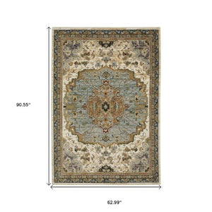 Homeroots 2' Elegant Ivory And Blue Oriental Area Rug - Stain Resistant, Perfect For Homes With Kids & Pets 5' X 7' Polypropylene 576184