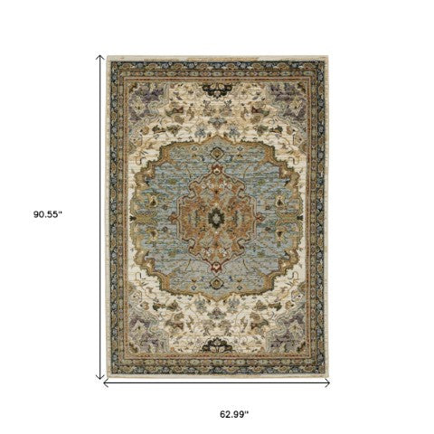 Homeroots 2' Elegant Ivory And Blue Oriental Area Rug - Stain Resistant, Perfect For Homes With Kids & Pets 5' X 7' Polypropylene 576184