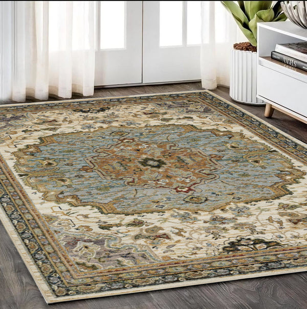 Homeroots 2' Elegant Ivory And Blue Oriental Area Rug - Stain Resistant, Perfect For Homes With Kids & Pets 5' X 7' Polypropylene 576184