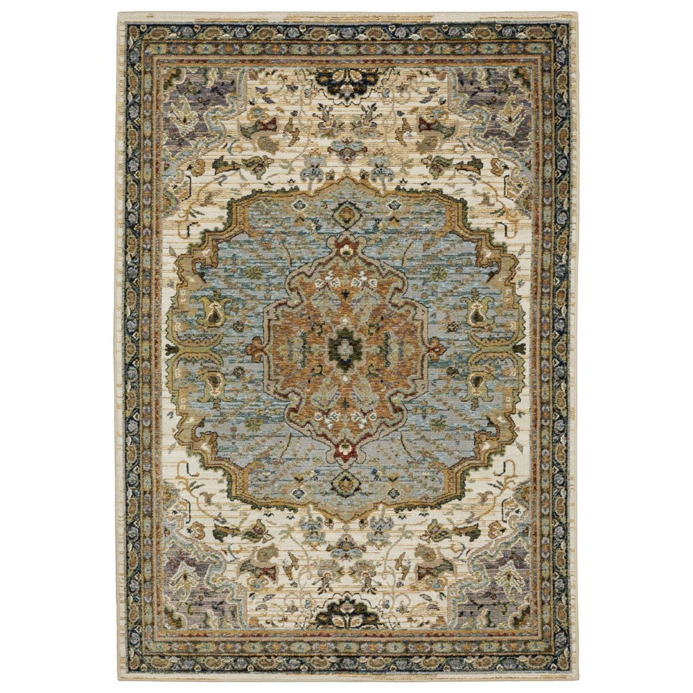 HomeRoots 3' Elegant Ivory and Blue Oriental Area Rug - Durable, Stain-Resistant Accent for Any Space 5' X 7' 576184