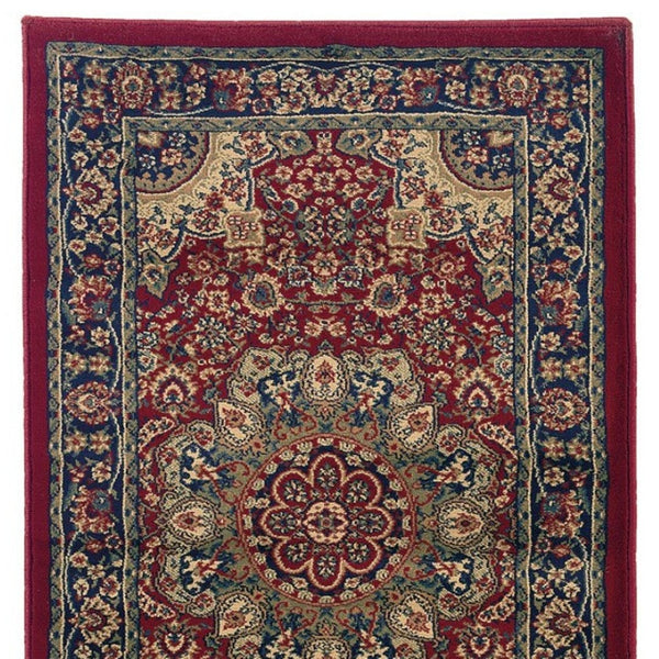 HomeRoots 6' Elegant Red and Blue Oriental Round Rug - Stain-Resistant, Power-Loomed for Lasting Beauty 9' Runner 576199