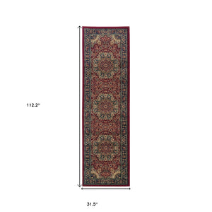 HomeRoots 6' Elegant Red and Blue Oriental Round Rug - Stain-Resistant, Power-Loomed for Lasting Beauty 9' Runner 576199