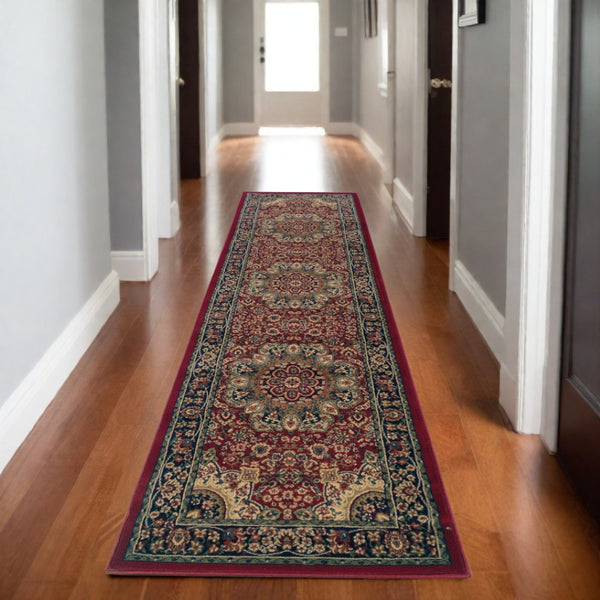 HomeRoots 6' Elegant Red and Blue Oriental Round Rug - Stain-Resistant, Power-Loomed for Lasting Beauty 9' Runner 576199