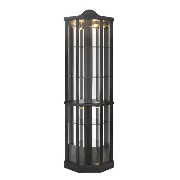 English Elm Lighted Corner Curio Cabinet With Adjustable Shelves, Elegant Black Design, Perfect For Home Display W1758P300126
