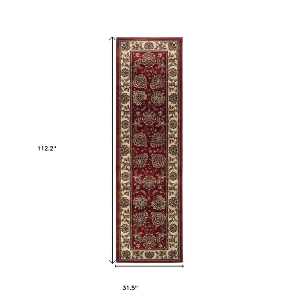 HomeRoots 6' Elegant Red and Ivory Oriental Round Rug for Timeless Style, Durability, and Easy Maintenance 9' Runner 576202
