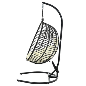 English Elm U_style Wicker Hanging Egg Chair with Stand Hdpe Cocoon Swing for Balcony Garden Black+Beige N711P389503A