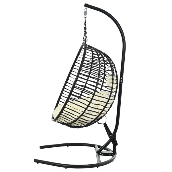 English Elm U_style Wicker Hanging Egg Chair with Stand Hdpe Cocoon Swing for Balcony Garden Black+Beige N711P389503A