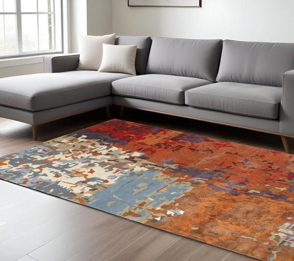 Homeroots 4' Abstract Hand-tufted Area Rug In Orange, Ivory, And Teal – Elevate Your Living Space Elegantly 8' X 10' Wool Blend 576231