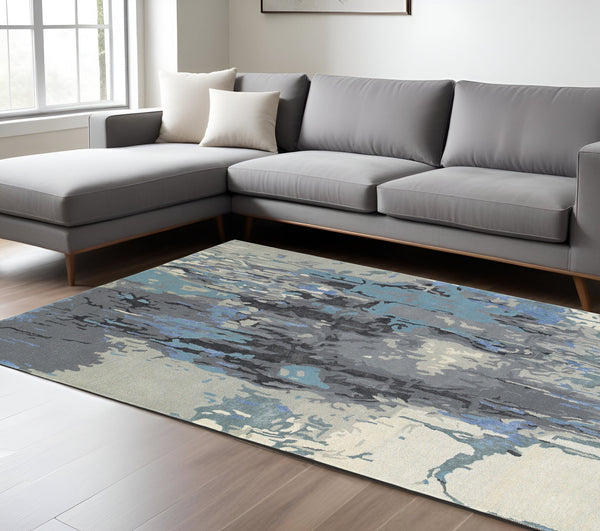 Homeroots 4' Inviting Blue Abstract Hand-tufted Area Rug For Stylish Living Spaces - Enhance Your Home Decor 8' X 10' Wool Blend 576233