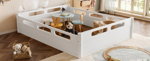 English Elm Queen Low Profile Floor Bed Pine Wood Frame Japandi Minimalist Bedroom Design White W1580P438794