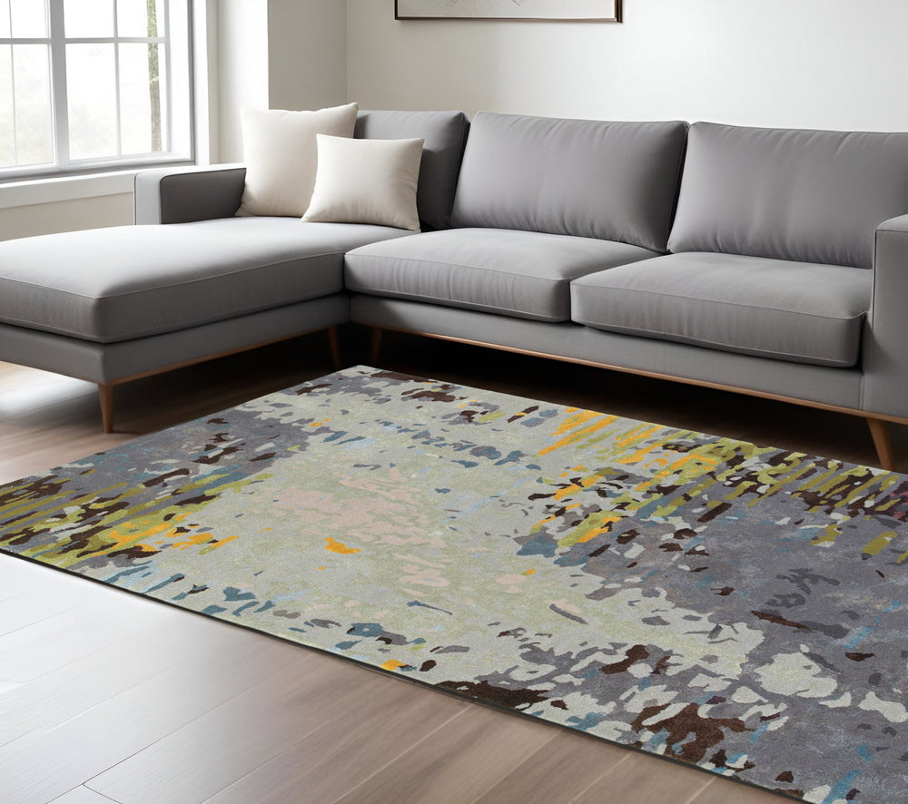 Homeroots 4' Abstract Gray And Yellow Hand-tufted Area Rug - Elevate Your Space With Style And Warmth 8' X 10' Wool Blend 576234