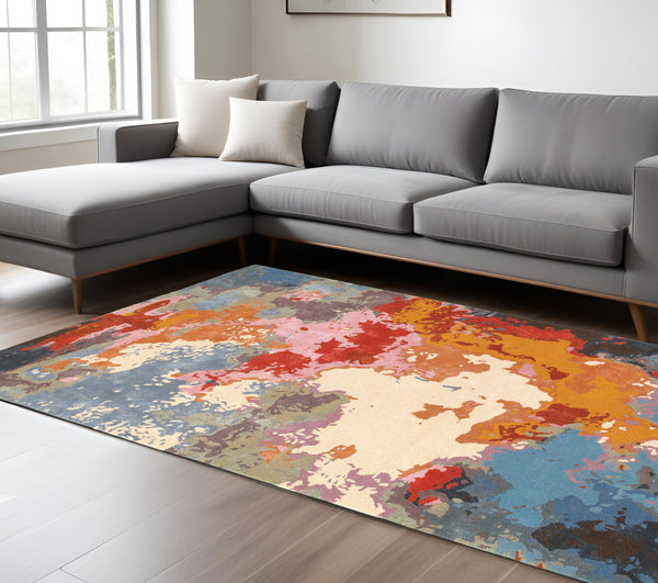 Homeroots 4' Hand Tufted Abstract Area Rug In Pink, Orange, And Blue – Elevate Your Space With Style! 8' X 10' Wool Blend 576235
