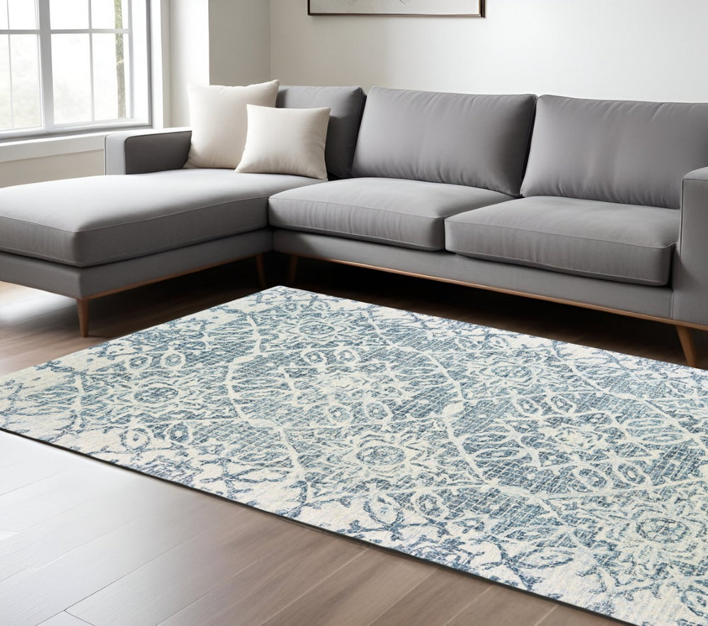 HomeRoots 5' Luxurious Blue and Ivory Hand-Tufted Wool Geometric Area Rug for Modern Home Elegance 8' X 10' 576237